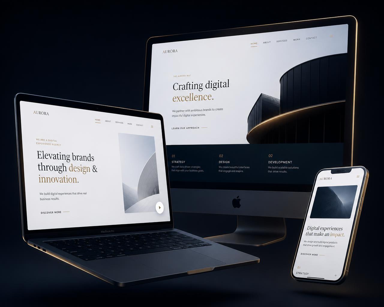 Websites premium da RM Digital Agency em notebook, desktop e smartphone